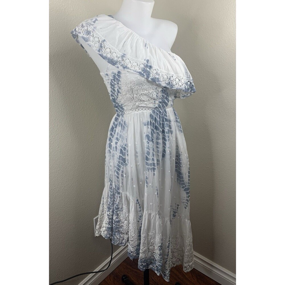 Loveshackfancy One Shoulder Tie Dye Dress Gwen? Sz XS Cotton Blue White